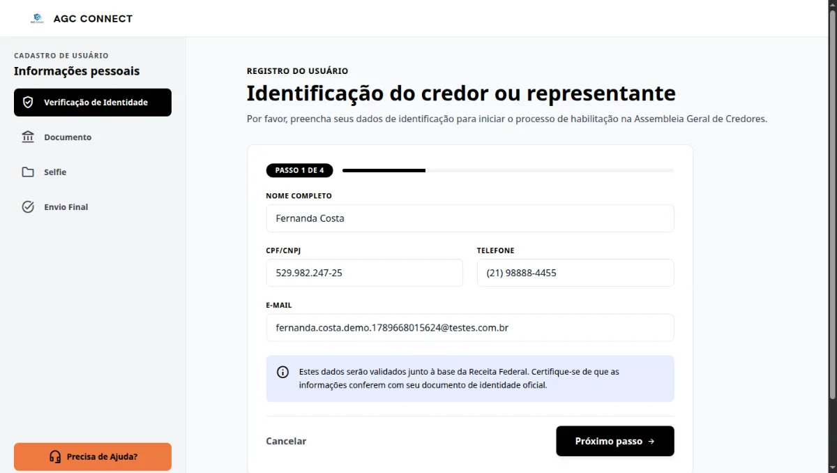 Etapa 1 de 4 do cadastro: formulário com nome completo, CPF/CNPJ, telefone e e-mail preenchidos