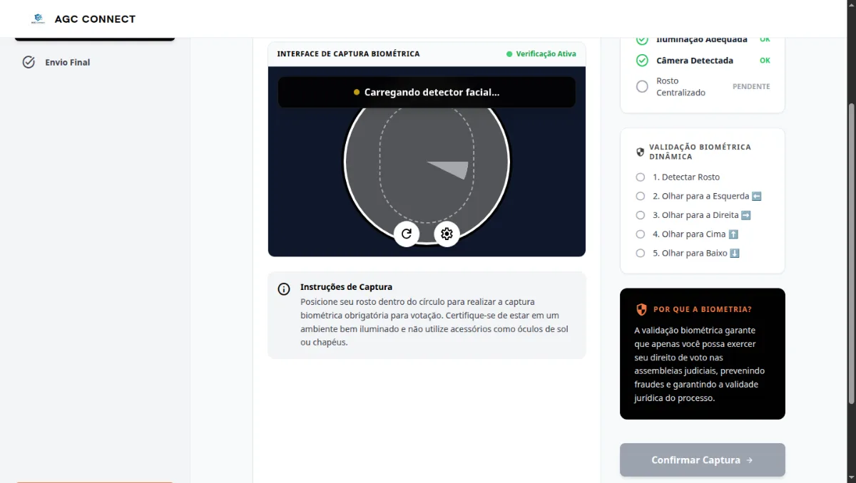 Etapa 3 de 4 do cadastro: interface de captura biométrica com guia circular para o rosto e checklist de validação dinâmica